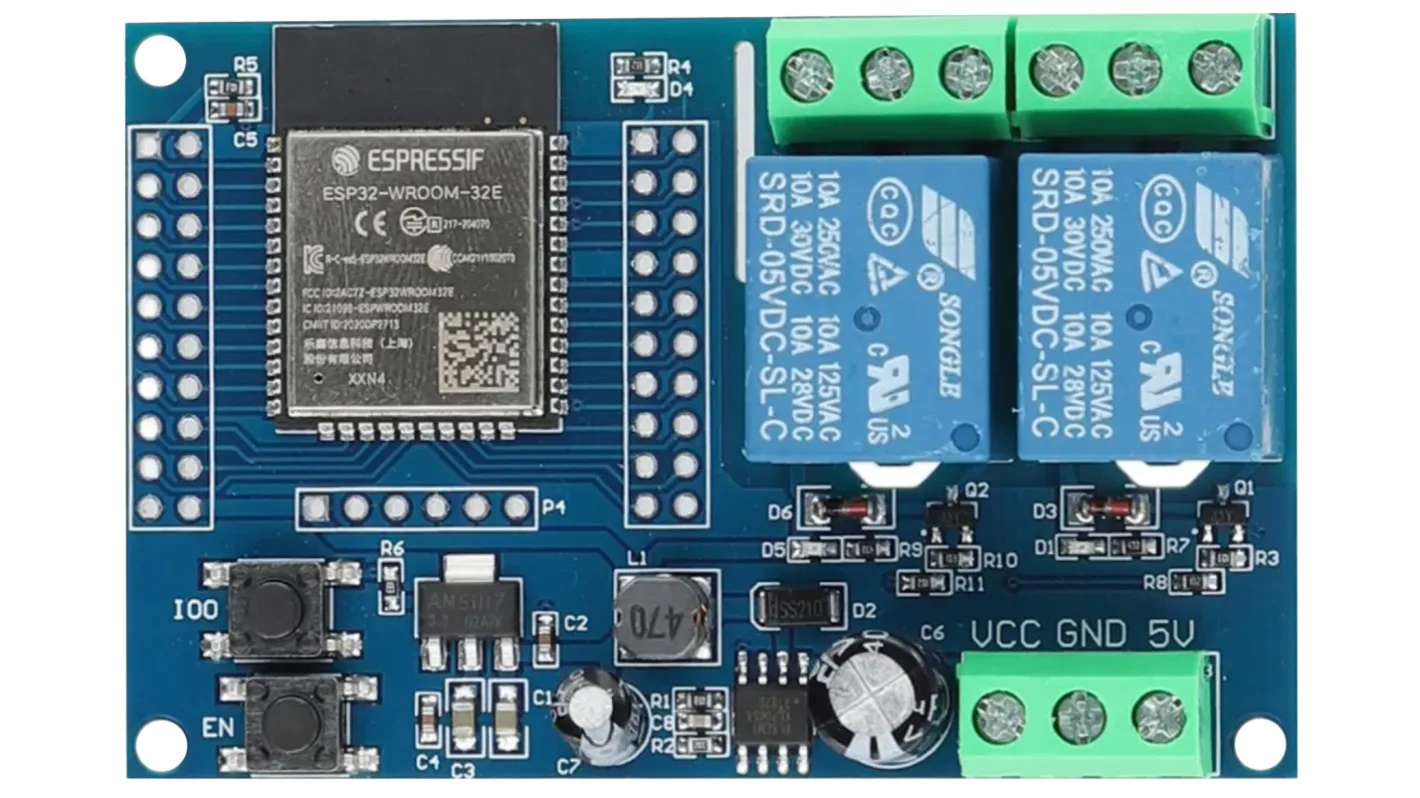 ESP32 microcontroller development board with connected relay modules