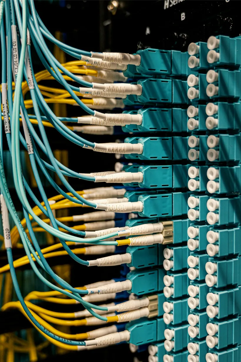 Telecommunications infrastructure with fiber optic cables and network equipment