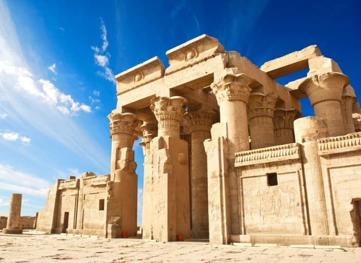 Ancient Egyptian temple with hieroglyphic inscriptions