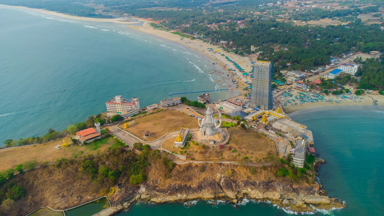 Aerial overview of Murudeshwar Temple and coastline