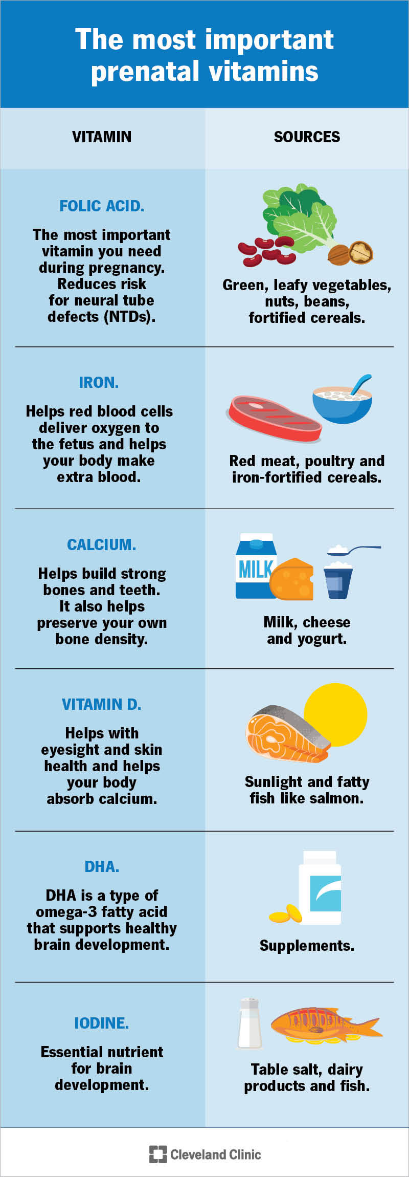 Infographic showing the most important prenatal vitamins and their food sources