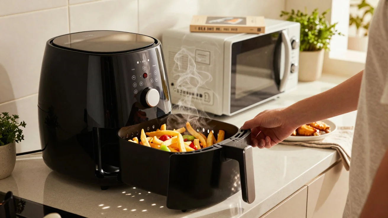 Air Fryer digital moderna em cozinha preparando batatas fritas