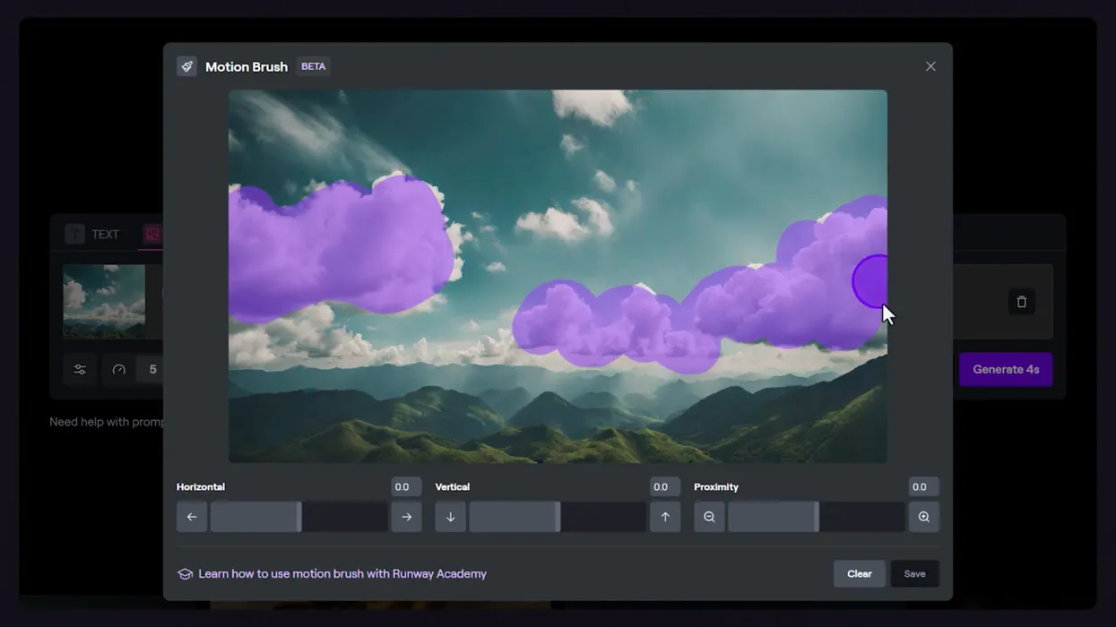 Video editing software interface showing motion brush tool
