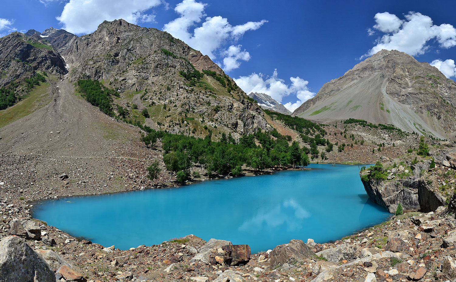Naltar Valley blue lake surrounded by pine trees and mountains