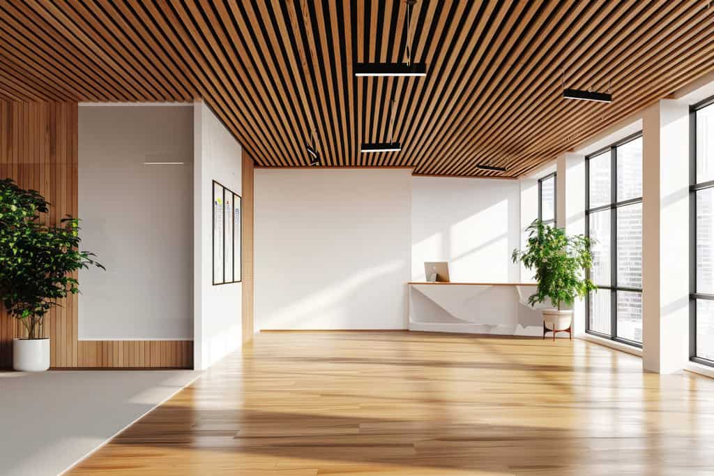 Modern office space with wooden slat false ceiling