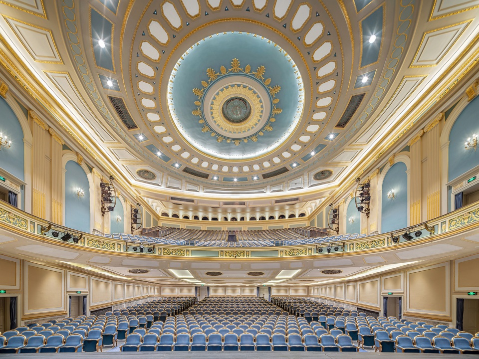 Interior of a modern Chinese concert hall with Western classical architecture elements