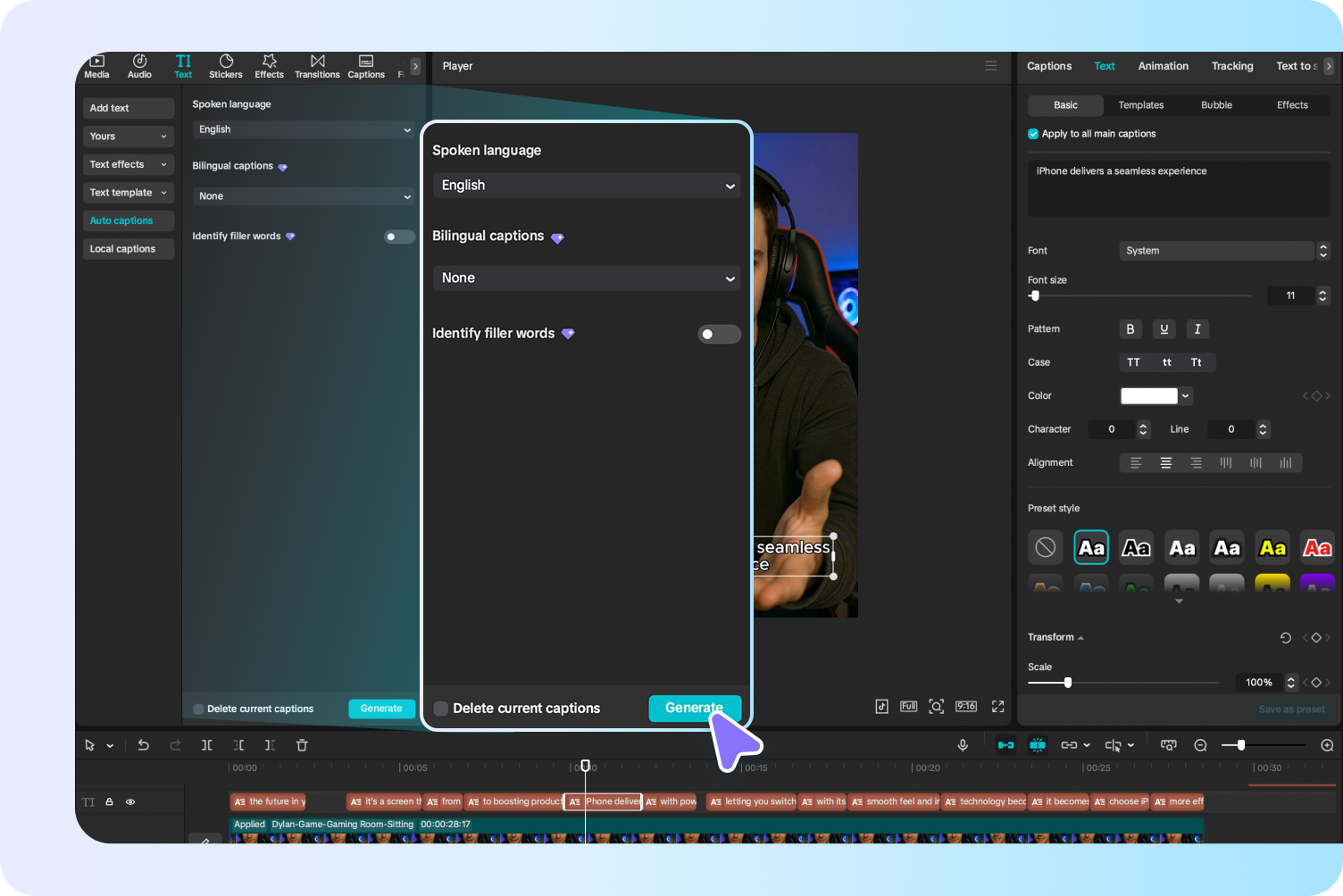 CapCut auto captions editing interface