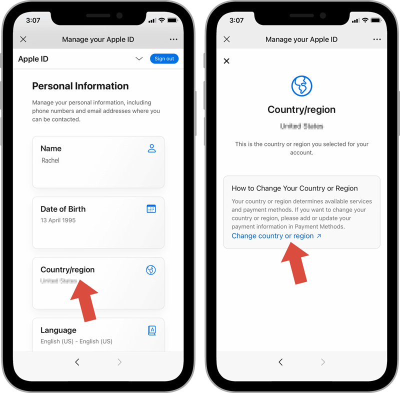 iPhone中文教程截图展示Apple ID更改国家或地区路径,标注个人信息中的Country/region选项