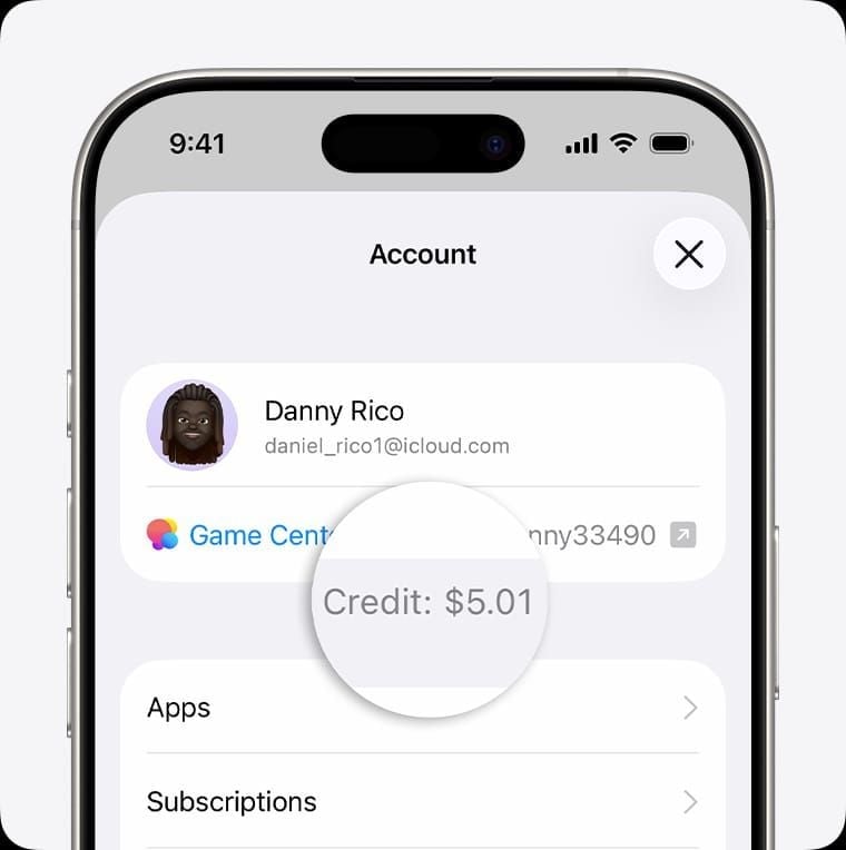 iPhone 账户页面显示余额 5.01 美元信用额度