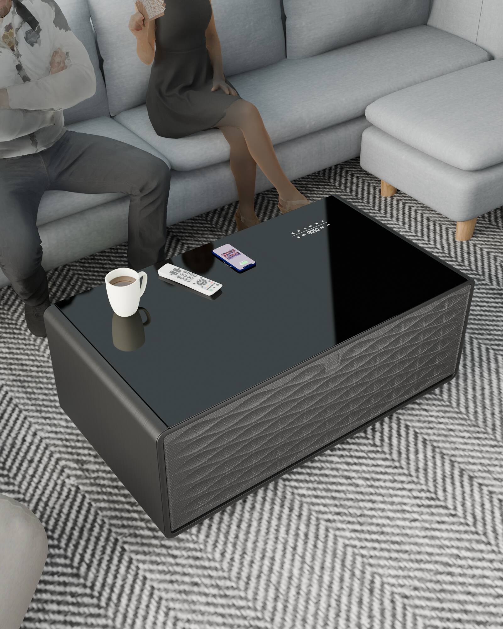 LIVTAB smart coffee table in living room setting with couple relaxing on couch