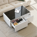 LIVTAB smart coffee table with refrigerator drawers open showing organized drinks and snacks