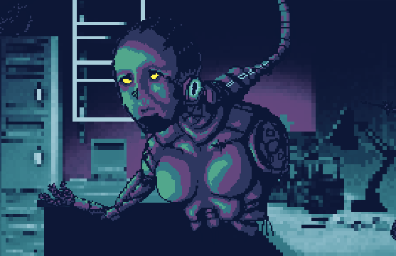 Cyberpunk android with existential themes