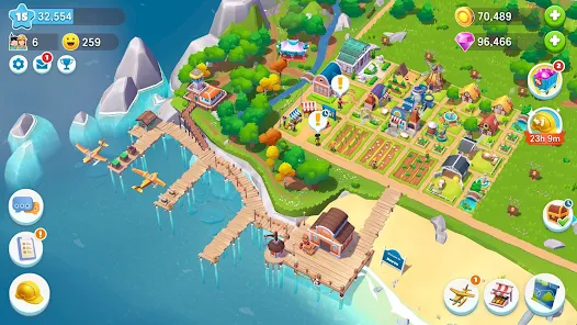Sunshine Island gameplay showing tropical island farm with crops and buildings