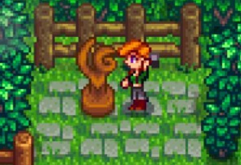 Stardew Valley character Leah sculpting in forest cottage