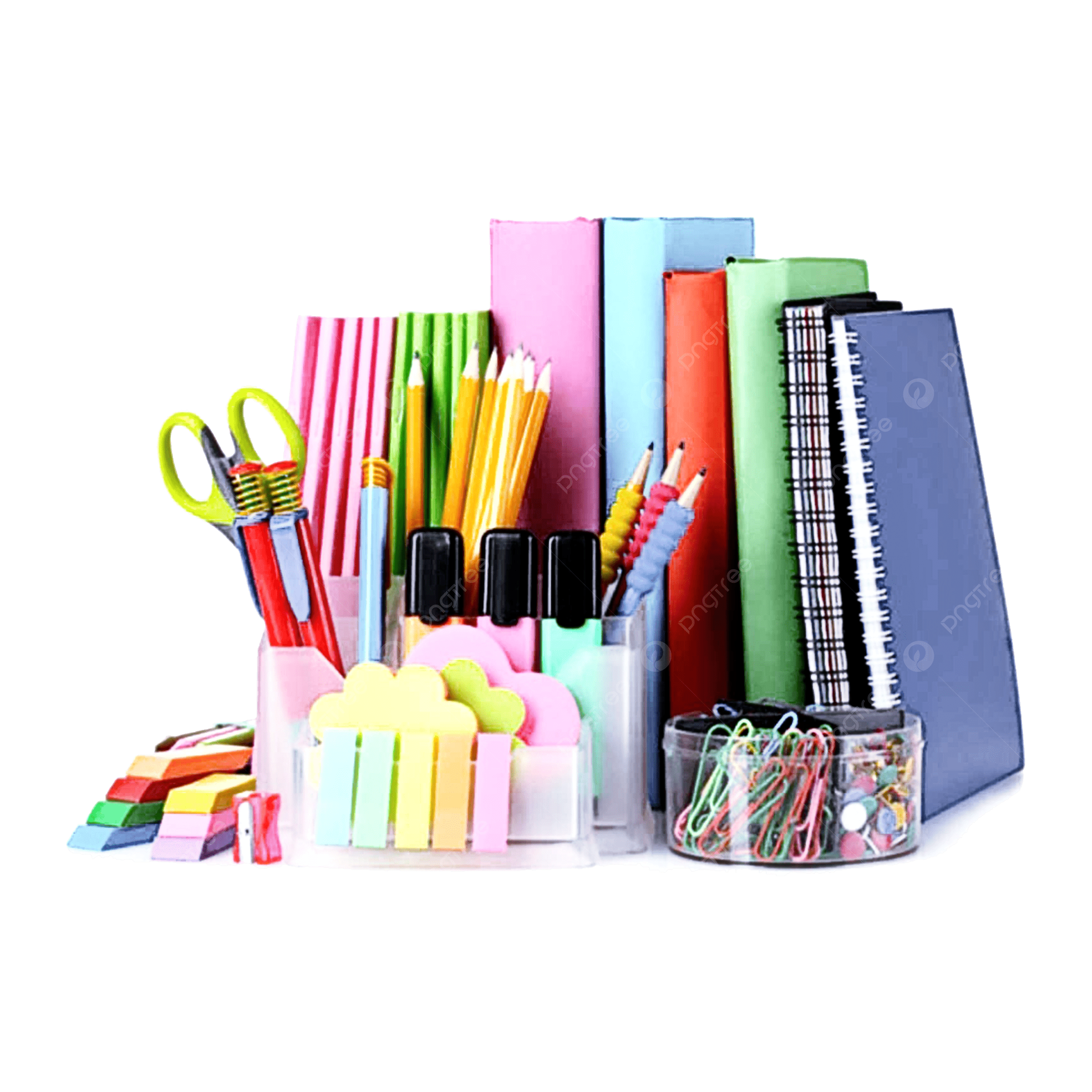 Colorful assorted stationery set with scissors, notebooks, and sticky notes