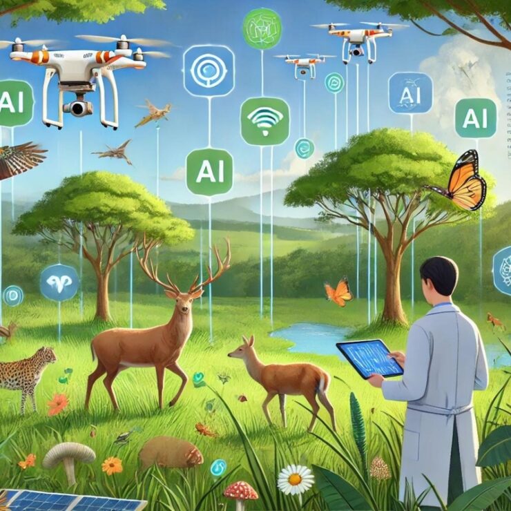 Ilustração de drones e sensores de IA monitorando fauna e flora em ambiente natural