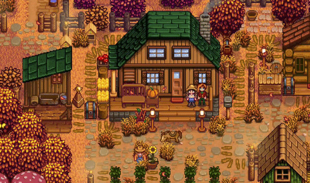 Stardew Valley character giving a gift during fall season