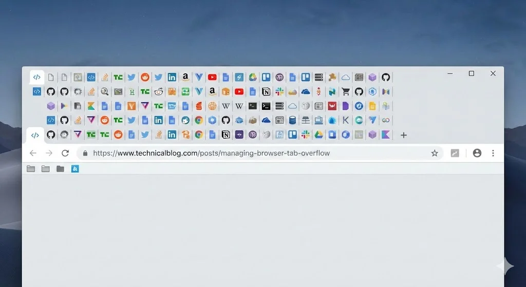 Chrome tab overload before using the search shortcut Chrome browser with many tabs open showing tab overflow situation