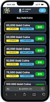 Sweepstakes casino interface showing Gold Coins and Sweepstakes Coins
