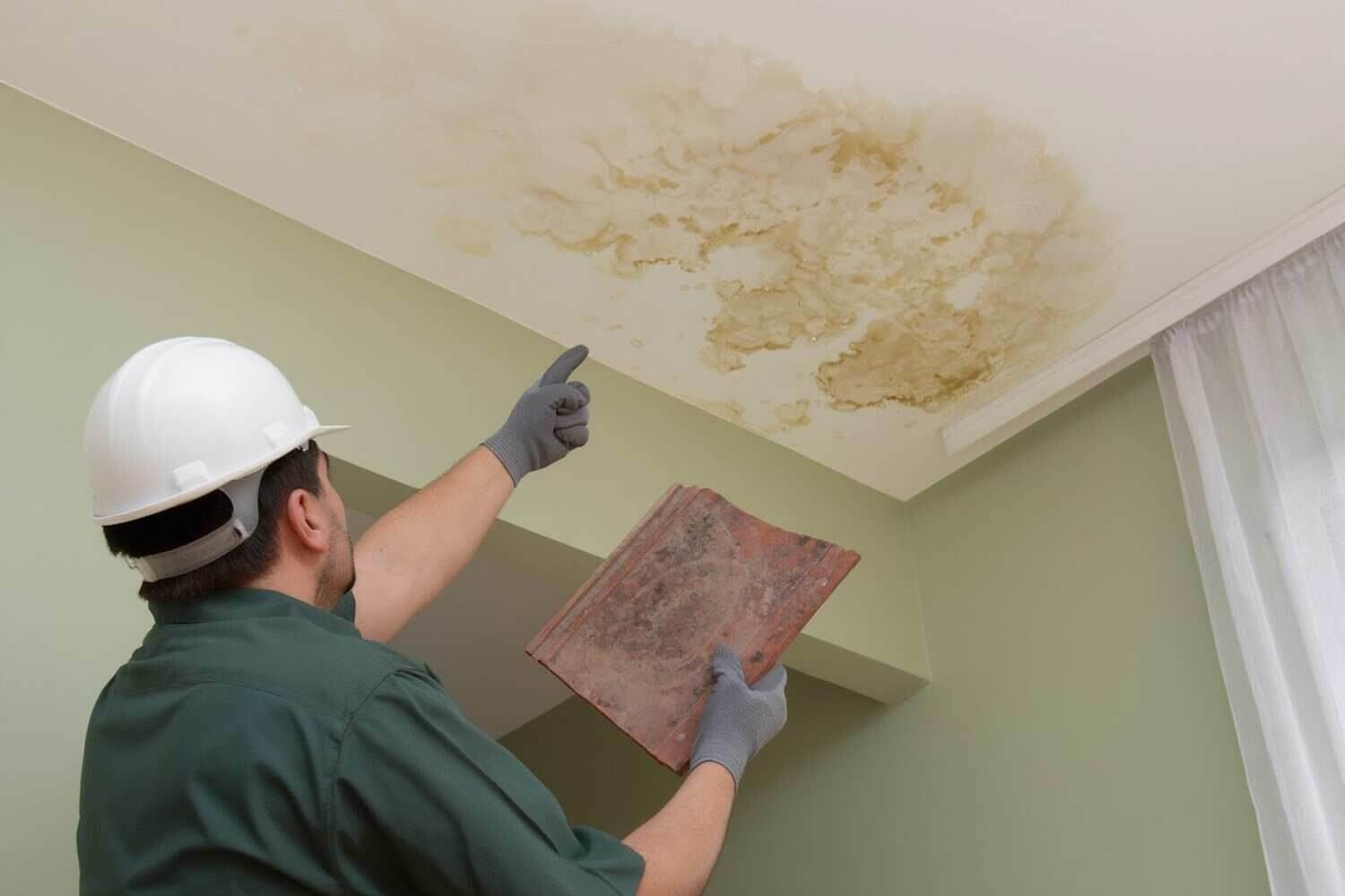 Water damage restoration professional in hard hat inspecting ceiling water stains and damage with moisture detection tools