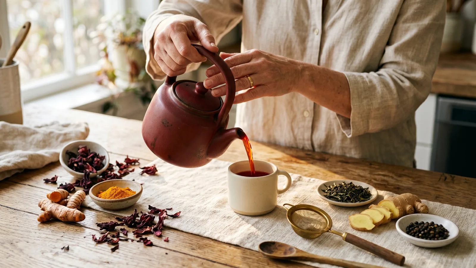 Person pouring herbal tea from teapot with turmeric and ginger