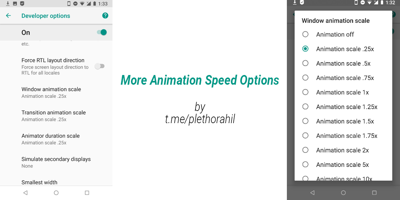 Android animation scale settings showing 0.5x and off options in Developer Options
