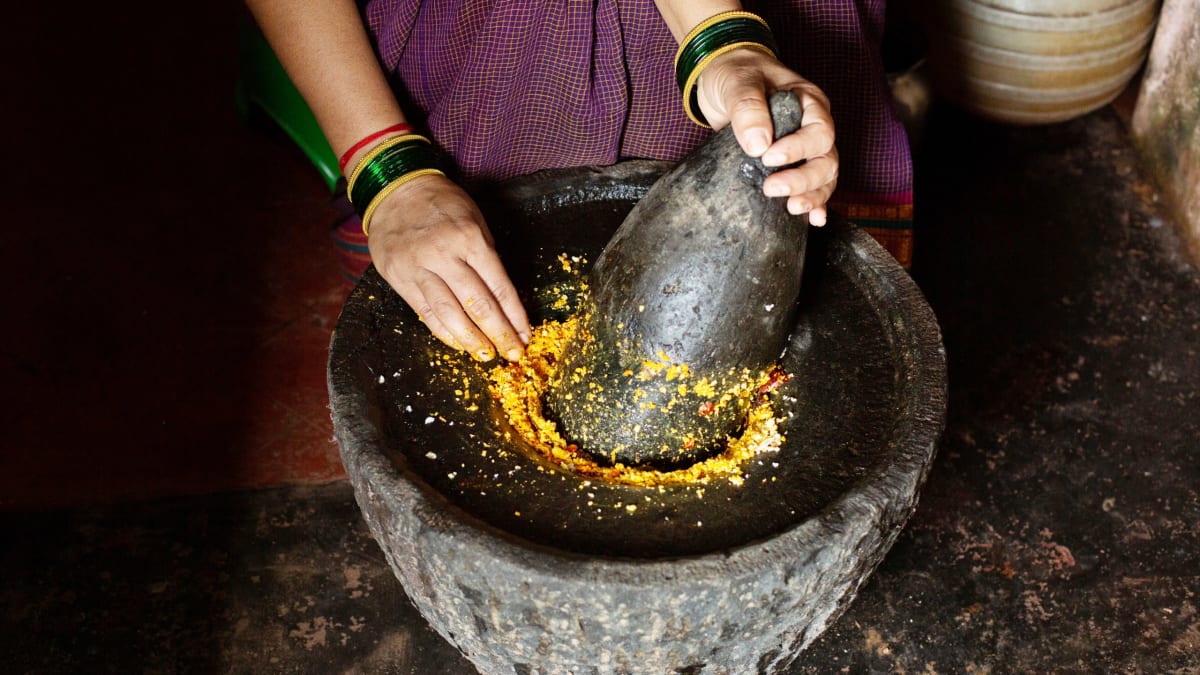 Traditional stone grinding of spices