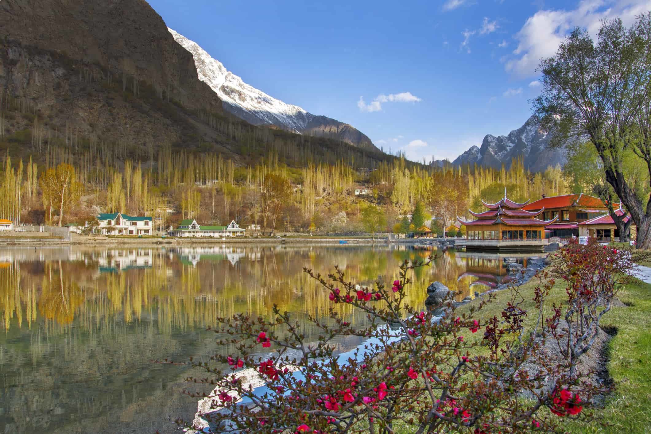 Skardu Shangrila Resort with beautiful lake reflection and mountains
