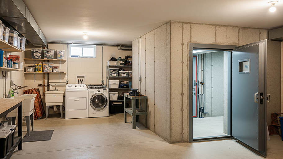 Basement storm shelter prepared for tornado safety with supplies
