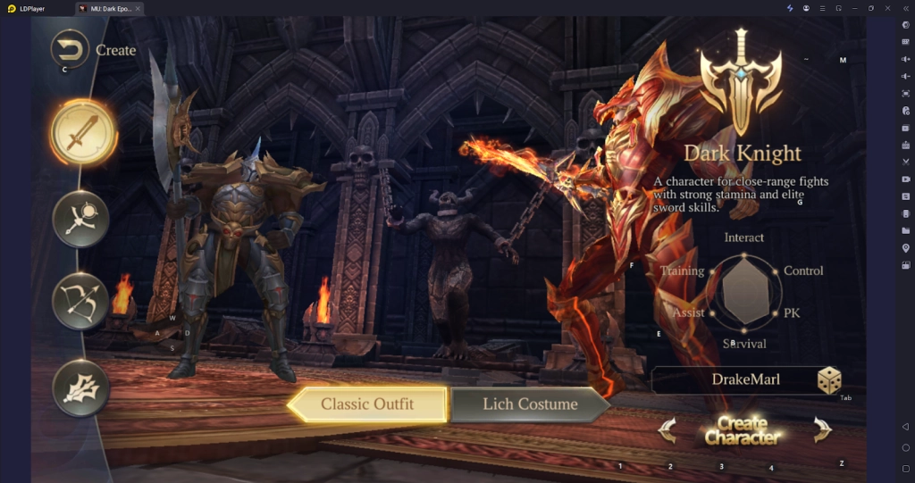 MU Dark Epoch character class selection showing warrior and mage classes