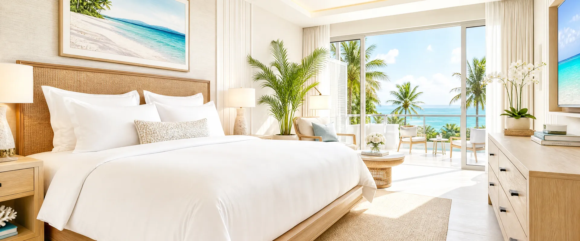 Luxury tropical hotel room with white linens