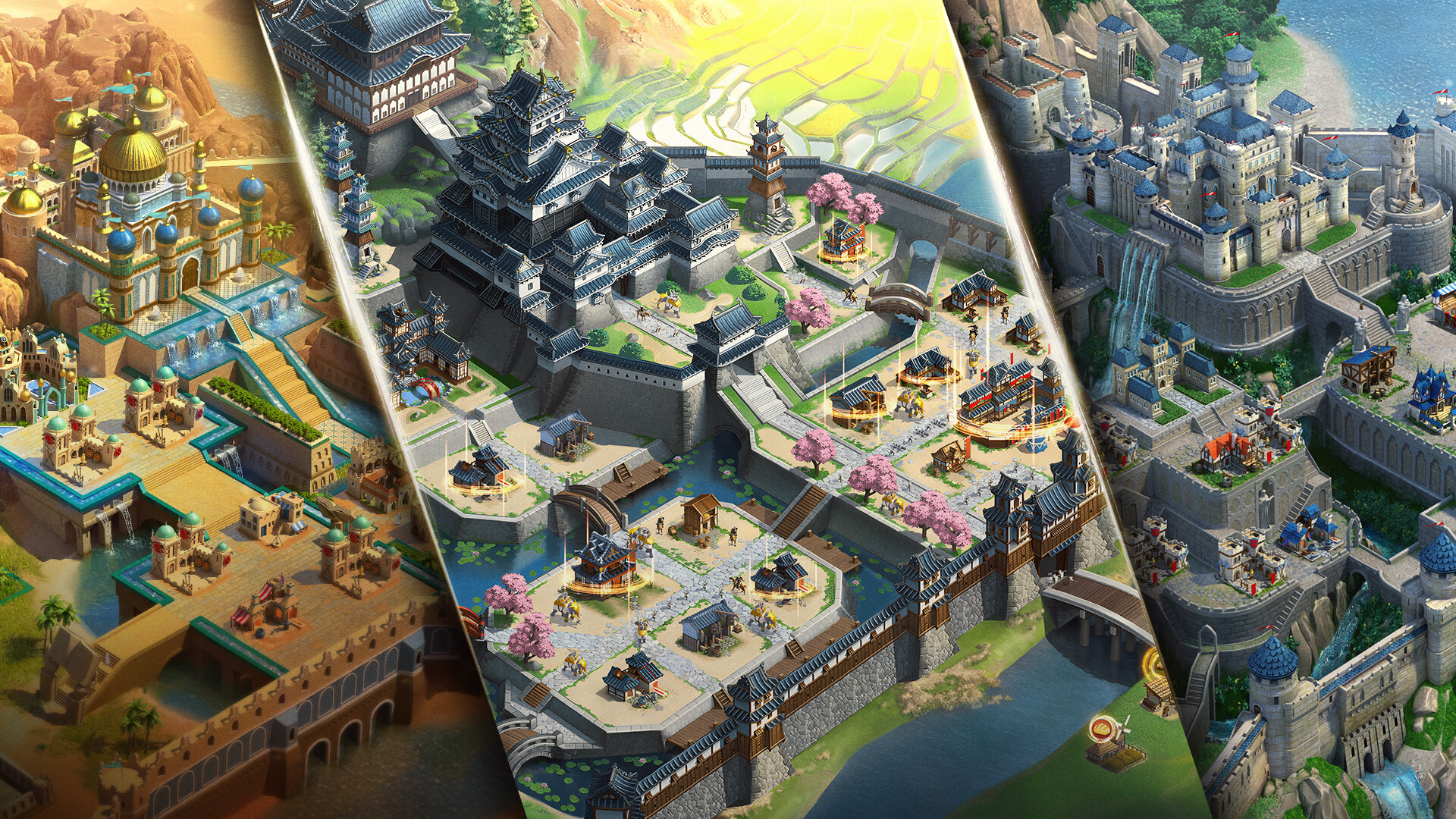 March of Empires gameplay showing medieval castle building and empire management