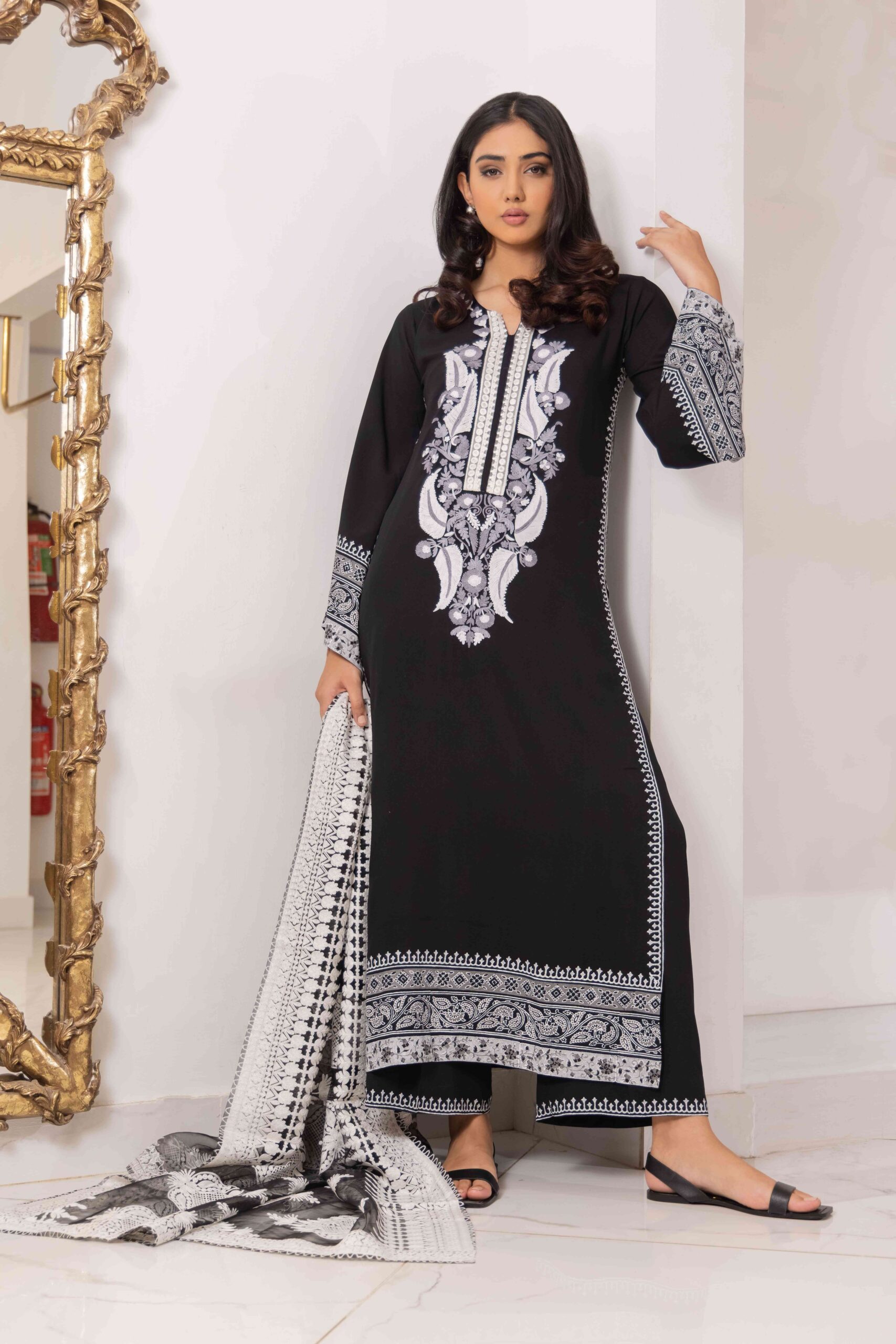 About Sana Fashion Studio - Elegant monochrome Pakistani fashion design