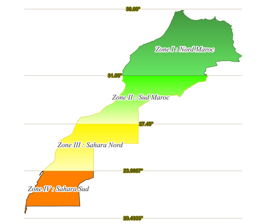 Carte des 4 zones de projection Lambert du Maroc : Nord Maroc, Sud Maroc, Sahara Nord et Sahara Sud