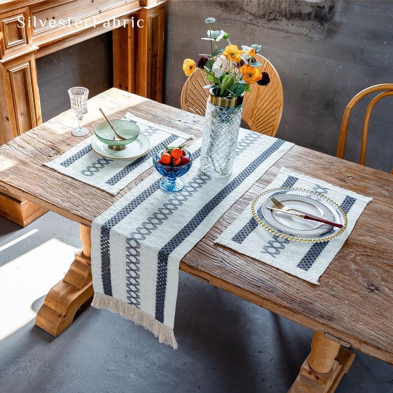 White French Crochet Table Runner - Striped, Fringed – SilvesterFabric