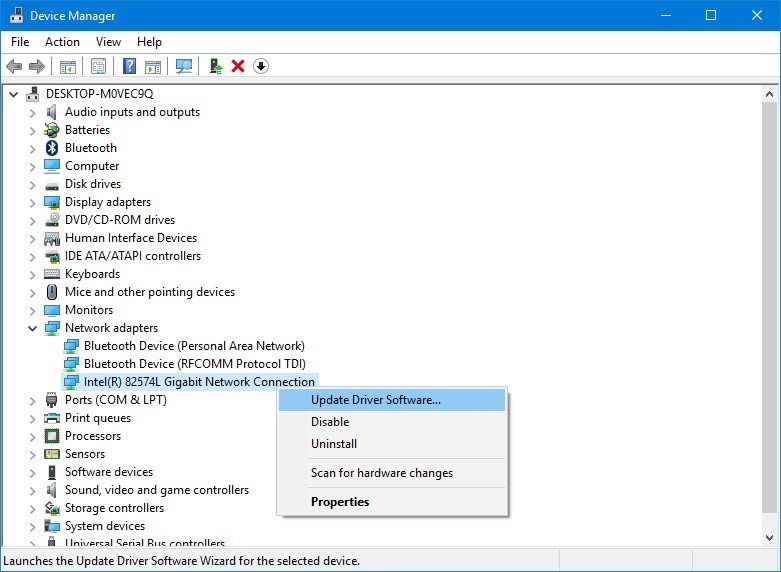Windows Device Manager showing network adapter with Update Driver option selected