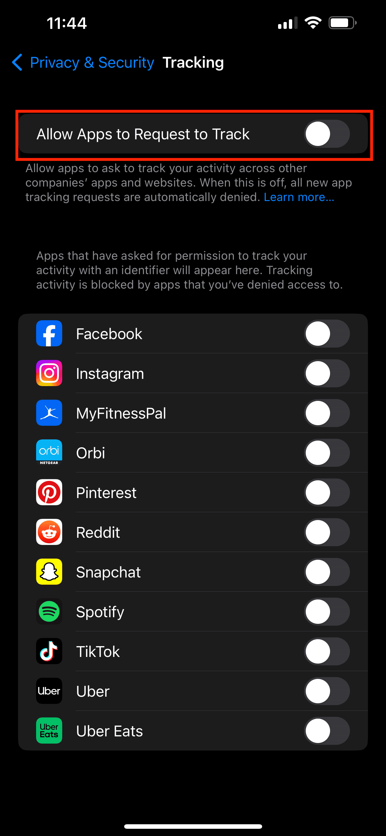 iPhone Privacy and Security tracking settings showing apps blocked from tracking