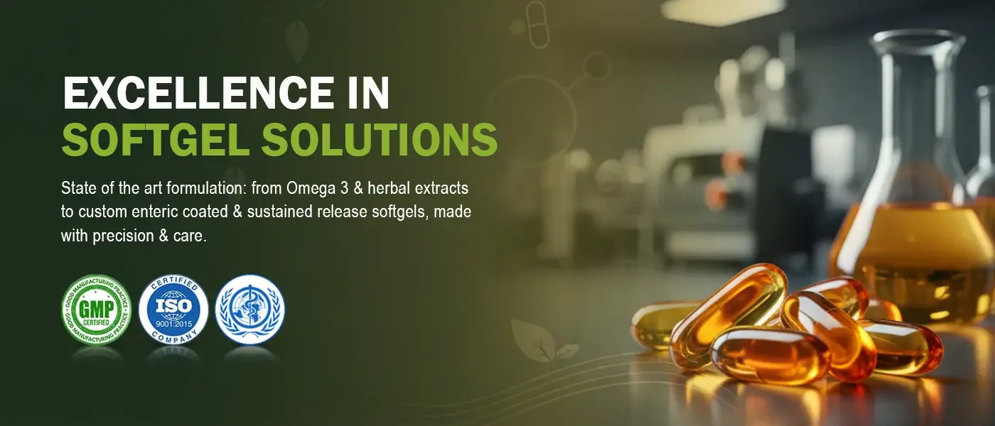 Premium softgel solutions banner showing golden capsules in laboratory setting with GMP and ISO certifications