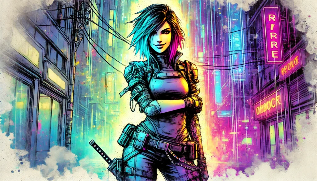 Cyberpunk visual novel depicting human consciousness integrated with artificial intelligence