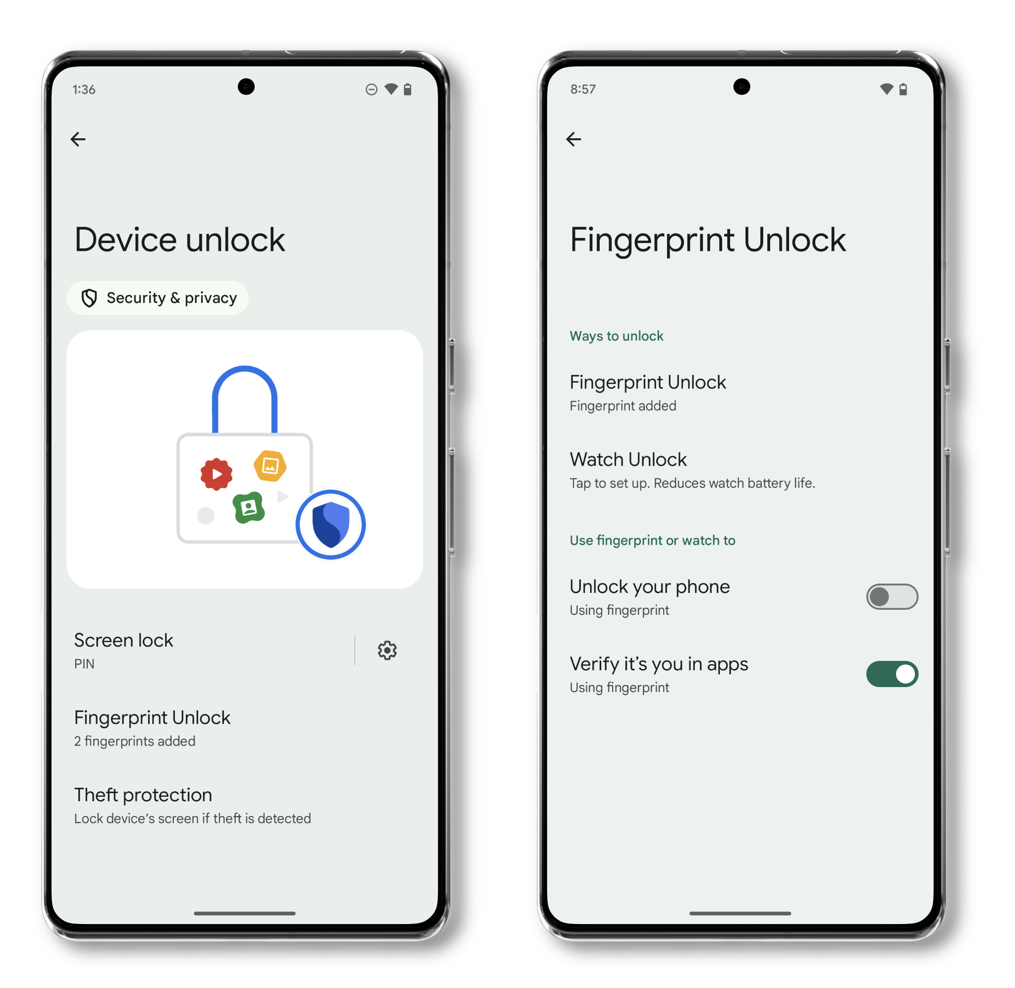 Android device unlock and fingerprint security settings showing biometric protection options
