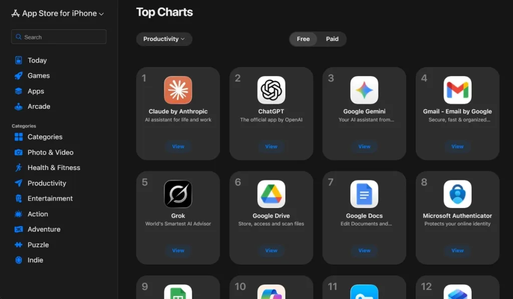 美区 App Store 生产力排行榜显示 Claude 和 ChatGPT 等 AI 应用