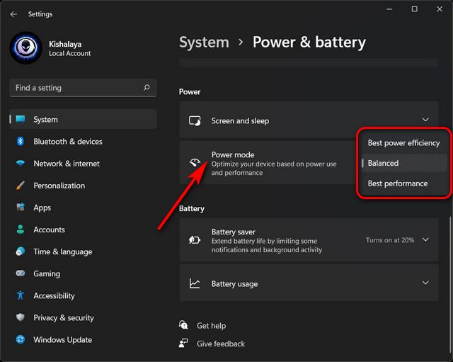 Windows 11 Power and battery settings showing Best performance power mode option