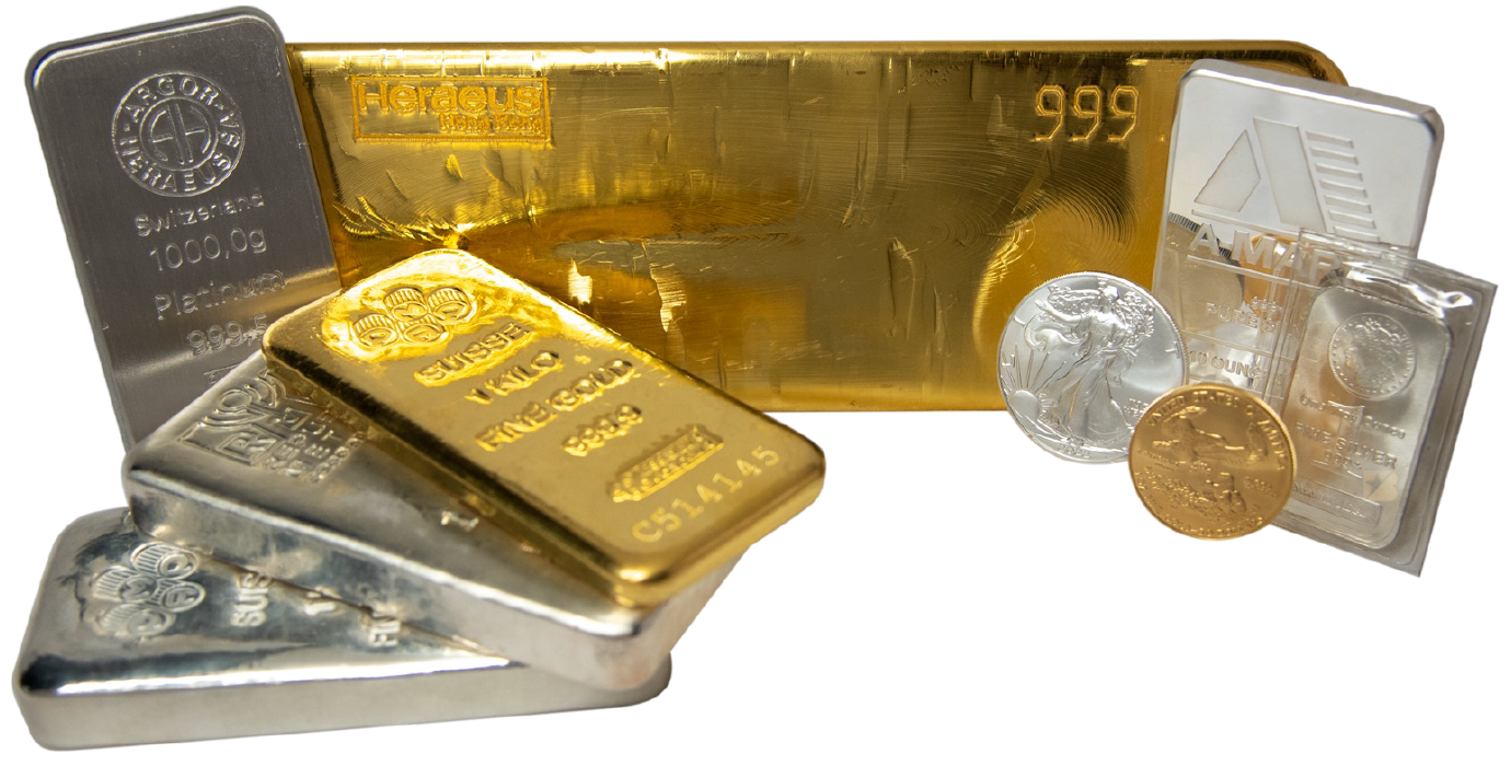 Gold bullion bars and coins