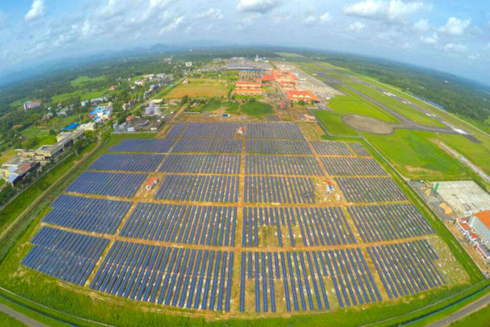 Aerial view of solar panels at an international airport