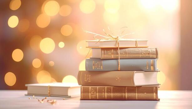 A stack of vintage books tied with gold twine sits on a surface. Soft bokeh lights provide a warm, ethereal background, suggesting a cozy, celebratory moment