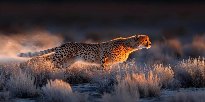Cheetah running at full speed across African savanna