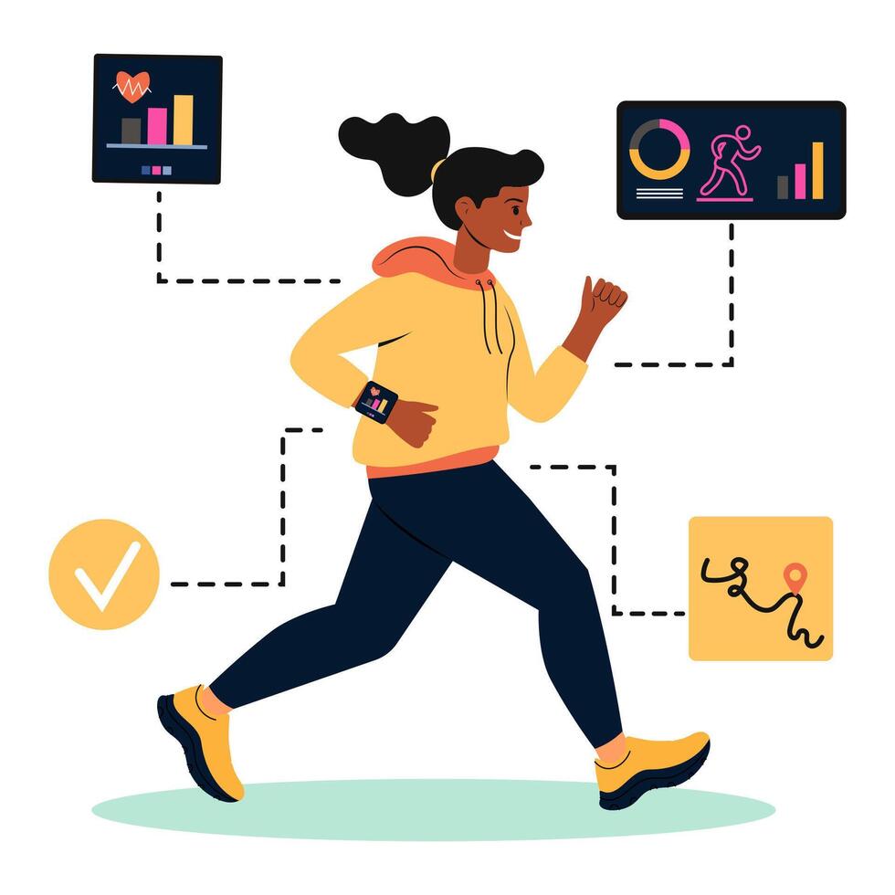 A young woman jogs while tracking her fitness progress with a smartwatch and health data displays 50034275 Vector Art at Vecteezy