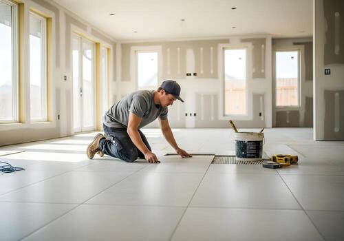 Worker carefully installing floor tiles in new home
