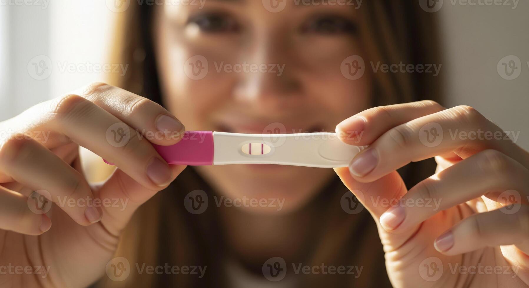 Woman holding a positive pregnancy test, smiling in the background. Hope, new life, and family planning. 67891654 Stock Photo at Vecteezy