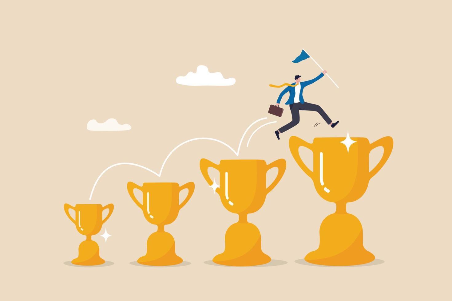 Small win or achievement to motivate to achieve bigger goal, strategy or inspiration to success, victory or win award concept, confident businessman jumping from small win trophy to get bigger one. 10067929